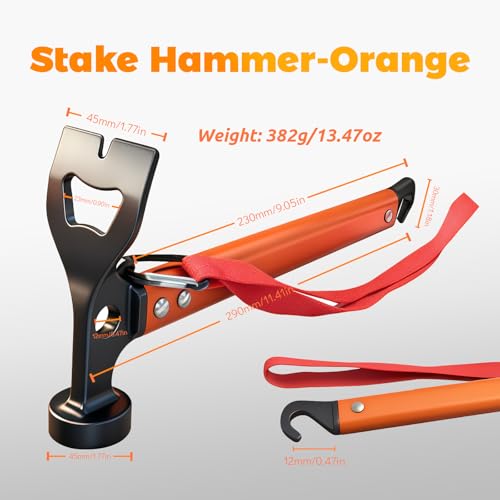 Martillo de Camping de Aluminio, Martillo 3 en 1 para Estacas de Tienda con Extractor y Abrebotellas 12" Multiherramienta Ligera para Camping, Senderismo y Mochilero (Naranja) miniatura 2