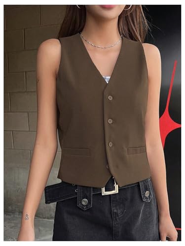 OYOANGLE Women's Suit Vest V Neck Button Front Business Casual Sleeveless Blazer Workwear3
