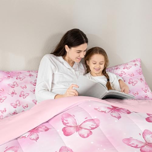 Image of Erosebridal Pink Butterfly Comforter Set for Kids Boys Girls 3D Pink Dreamy Butterfly Bedding Colorful Ink Stick Printing Duvet Set All Season Microfiber Comforter Queen with 2 Pillowcases