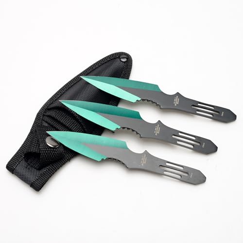 Perfect Point Throwing Knife Set – Set of 3 Throwers, Black Stainless Steel Blades, Nylon Sheath, Well Balanced, Throwing Sport Knives (Green)