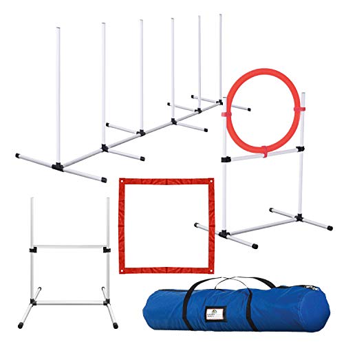CHEERING PET Dog Agility Training Equipment - 4 Piece Obstacle Course Includes Dog Jump, Tire Jump, Pause Box and Weave Poles with Carrying Case, Indoor or Outdoor Use