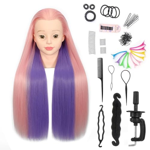 26"-28" Mannequin Head Styling Mannequin Head for Hair Styling and Free Table Stand Training Head Manikin Cosmetology Doll Head with Long Fiber Hair Hairdresser Practice Head for Stylist (Pink purple)