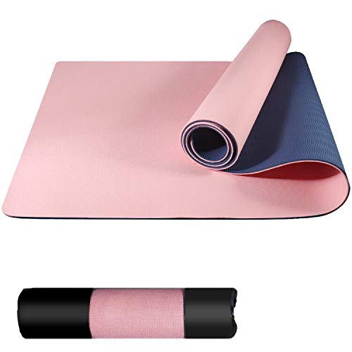 NAFFIC Esterilla Yoga, Alfombrilla de Yoga Texturizada Antideslizante 3*Banda de Resistencia,1* Correa de Transporte para Ejercicios para Yoga, Pilates y Ejercicios de Piso 183x61x0.6 cm (Rosa-Azul)