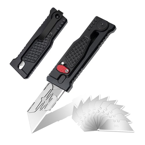 cckk Retractable Utility Knife Green EDC Box Cutter Retractable Pocket Knife with 10PCS Razor Blades Safty Heavy Duty Box Cutter with Clip
