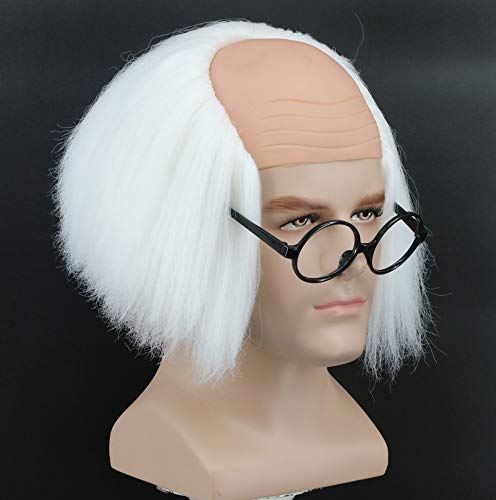 Yuehong Short White Old Men Wig Fluffy Bald Head Wig Synthetic Halloween Costumes Cosplay Wigs