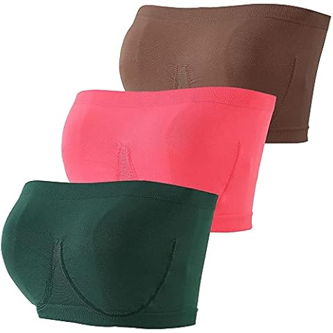 GXIN 3 Pieces Women's Strapless Bandeau Bra Seamless Comfort Bralettes Stretch Non-Padded Wirefree Sport Yoga Tube Top Bras (Green, Red, Brown, XXL) Cover