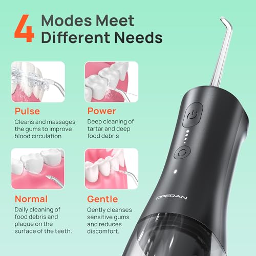 Image of Operan Water Picks, 4 Modes Travel Water Flosser Kit with 4 Tips, 300ml Portable Cordless Water Flosser for Teeth and Braces Care, Black, 1 Pack