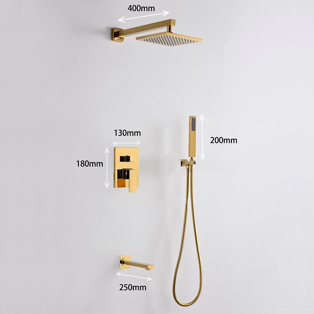 Zestaw baterii natryskowej Gold z wylewką typu wodospad, mosiężną słuchawką prysznicową i obrotową dyszą. Montaż ścienny. Zestaw natryskowy z deszczownicą, słuchawką prys