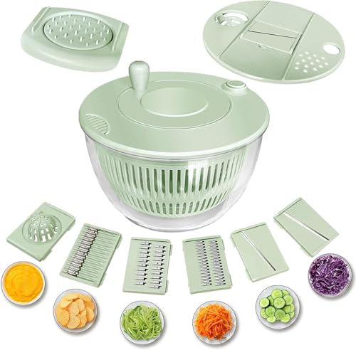 Image of Salad Spinner Large-5.3 Qt Vegetables Fruits Wash Spinner Bowl,Lettuce Spinner Dryer with 5 Blades,Egg Yolk Strainer Slicer Shredder for Kitchen Colander,Pasta and Fries Spinner-Green