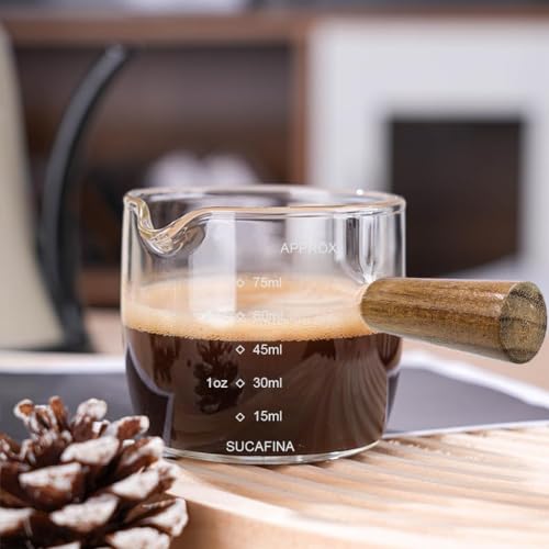 Image of Supvox Double Espresso Cup 75ml Heat Resistant Measurement Cup with Wooden Handle High Boron Glass Espresso Shot Glass with Easy Pour Spout for Home and Cafe