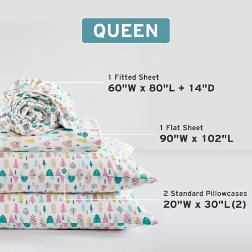 Image of Intelligent Design Cozy Soft 100% Cotton Flannel Sheets, Breathable Festive & Adorable Print Cotton Flannel Sheet Set, Deep Pocket Sheet Fits Up to 16 inch Mattress, Queen White Holiday Trees 4 Piece