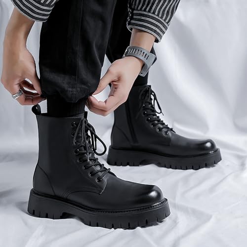 Men'S Black Leather Lace Up Platform Combat Boots Retro Wide Toe Side Zipper Comfort Chunky Lug Sole High Top Riding Motorcycle Boots Casual Waterproof Non-Slip Dress Chukka Booties4