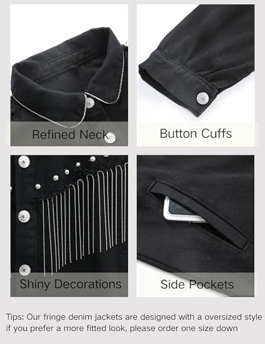 Daacee Oversized Fringe Denim Jacket for Women Frayed Sparkly Tassel Jean Shacket Cowgirl Western Country Concert Outfits4