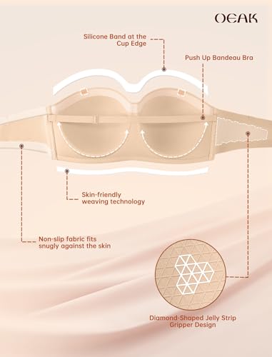 OEAK Womens Strapless Bras with Wireless/Underwire Multiway Non-Slip Tube Top Push Up Bralette Seamless Padded Bandeau Bra4