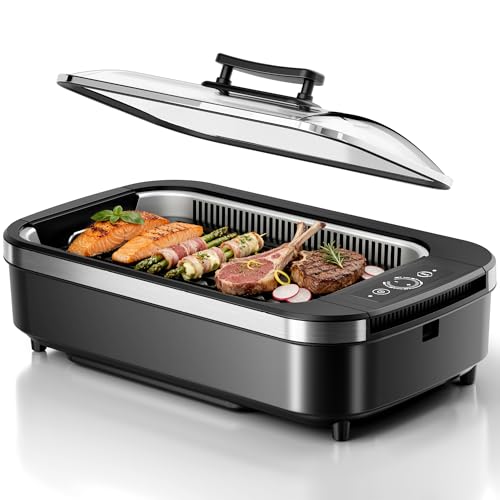 Kismile Smokeless Indoor Electric Grill - 1500W Korean BBQ Grill with 6-Level Temp Control, Non-Stick Plate, Turbo Smoke Extractor, Removable Glass Lid, Auto Shut Off, Dishwasher Safe - Perfect for Apartments, RVs, Tailgating
