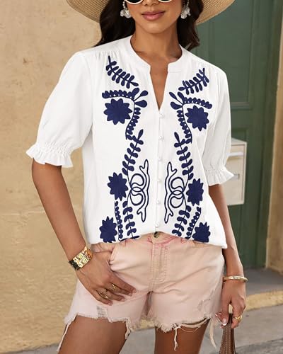 BTFBM Women's 2025 Summer Tops Casual Floral Boho V Neck Puff Short Sleeve Button Down Shirts Embroidered Blouses Tunic