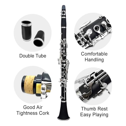 YoungMonic Professioneller schwarzer Klarinetten-Körper, vernickelt und mit Gehäuse beschichtet, B-Taste, 17 Tasten, zwei Barrels (schwarze Klarinette)