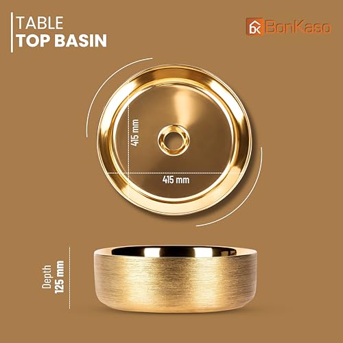 Image of BONKASO Golden Luxury Round Table Top Wash Basin (41.5 x 41.5 x 12.5 cm) | Designer Ceramic Countertop Bathroom Sink | Premium Vanity Bowl Art Basin 1013