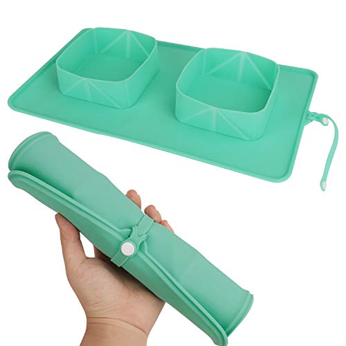 GerRiT ペット用食器 シリコン 食事マット 防水 散歩 フードボウル 折畳 ペットボウル 携帯便利 滑り止め ペットボール ごはん皿 お水入れ 猫 犬 ペット食器 緑 キャリーケース付き グリーン