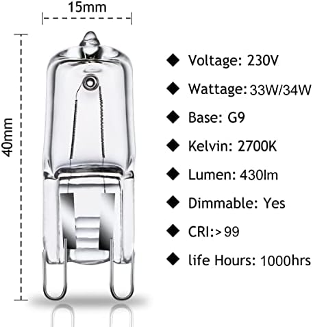 GMY G9 Halogen Light Bulbs 33W G9 Capsule Light Bulbs 230V 2700K Warm White Dimmable 10 Pack