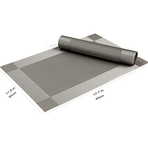 CHAOCHI Placemats set of 6,Easy to Clean Non-slip Heat Resistant Dining Table Mats,Washable Crossweave Woven Vinyl PVC Place mats,45CM x 30CM (Grey+Silver) - Image 4