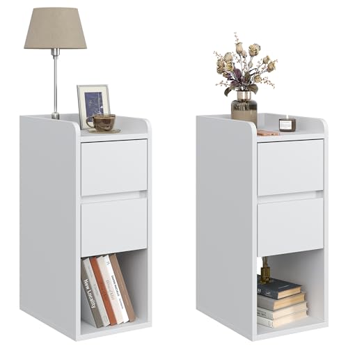 WODNITURE White Narrow Nightstand Set of 2 Wooden Small 2 Drawer Nightstand Slim Side End Table Bedside Table Modern Night Stand with Drawers for Bedroom