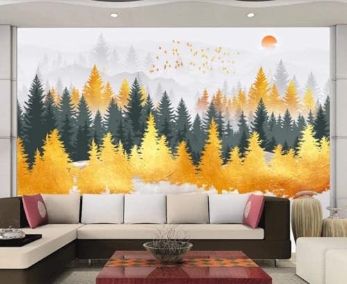 Tzxztt Bosque Estereoscópico Amanecer Pájaros Dorados Moderno Papel Pintado 3D Seda Texturizada Primera Calidad Neutros Material Ideal Para SalóN Dormitorio-300cm×210cm