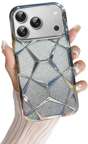 Image of VONZEE Gradient Glitter Back Cover Case Compatible with iPhone 17 Pro, Luxury Electroplated 3D Cube, Diamond Bling Shiny Soft TPU Clear Shockproof Women Girls Protective Phone Cover (Grey)