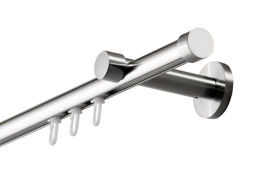DécoProfi Gardinenstange Innenlauf 1-läufig Set ROSCADO Ø 20 mm Edelstahloptik (nickel gebürstet) I Länge: 160cm Aluminium für Wandmontage I Als Gardinenschiene & Vorhangstange geeignet