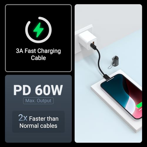 Image of Zebronics Wattz 60CC4 Type-C to Type-C Braided Cable, PD 60W, Upto 480Mbps Data Sync, 20 cm, Durable, Charge & Sync, Rapid Charging, Compact with Keychain Case, For Laptops, Tablets, Mobiles (Black)