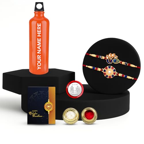 Image of Oblivion Designer Om & Floral Rakhi Set of 2 with 750ml Water Bottle, Pooja Coin & Greeting Card | Raksha Bandhan Gift Combo