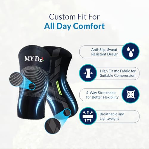 Image of MY Dr. Knee Cap (Pair) | Size XL | Compression Knee Support Brace for Pain Relief, Support & Stability | Ideal for Arthritis, Ligament Tear, Meniscus Injury, Injury Recovery, Driving, Jogging, Running, Gym, Workout, Squats & Sports | Breathable, Stretchable, Non-Slip, Sweat-Free, Skin-Friendly, Non-Irritating & Comfortable Fabric | Universal Fit for Men & Women