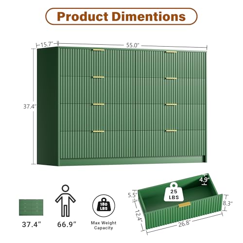 Image of Furniway Green Dresser Bedroom Set 3 Pieces, Nightstands Sets of 2, 8 Drawer Dresser with Gold Handles for Bedroom