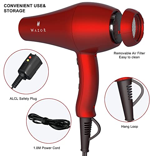 Professional Ionic Infrared Hair Dryer With Diffuser, Powerful 1875 Watt Salon Grade Blow Dryer,Long-Life Dc Motor, Lightweight And Low Noise Hair Dryer Plus Concentrator & Comb, Cola Red #TOP3