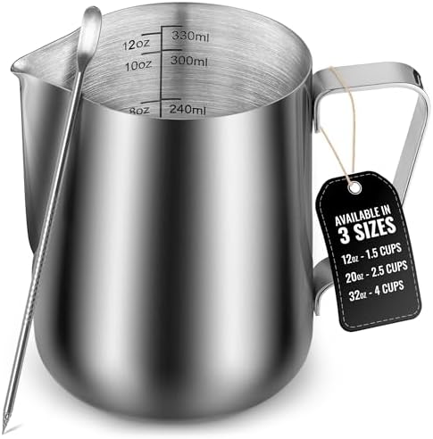 Zulay Milk Frothing Pitcher with Latte Art Pen – 12oz 20oz 32oz - Stainless Steel Frother Cup with Measurement Markings, Espresso & Coffee Accessories Creamer Jug with Laser-Welded Handle - 12 oz