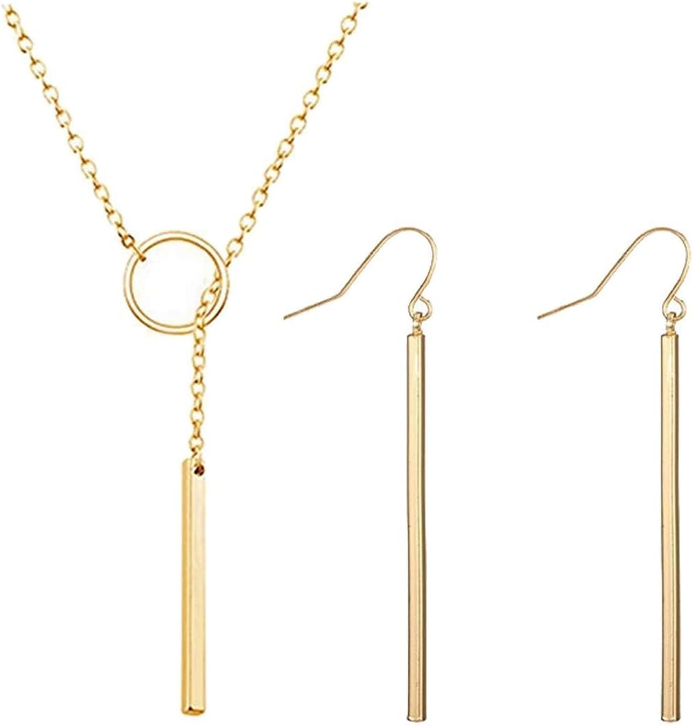 Pendientes colgantes minimalistas y delicados chapados en oro, collar con colgante de barra en capas, collar largo en Y dorado, conjunto de aretes y collares de oro, joyería de cadena de lazo delicada para mujer