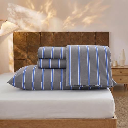 Image of Merryword 100% Cotton Sheet Set Full Size - Blue and Gray Striped Bedding, Soft Breathable Percale Weave, Deep Pocket Fitted Sheet 17.5 inch, Luxury & Silky Soft Sheet Set for All Seasons