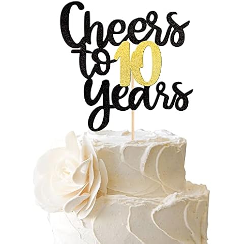 SYKYCTCY 1 Pack Cheers to 10 Years Cake Topper Black and Gold Glitter Assembled 10th Birthday Cake Pick Happy 10th Cake Decoration for 10th Anniversary Ten Birthday Party Decorations Supplies Cover