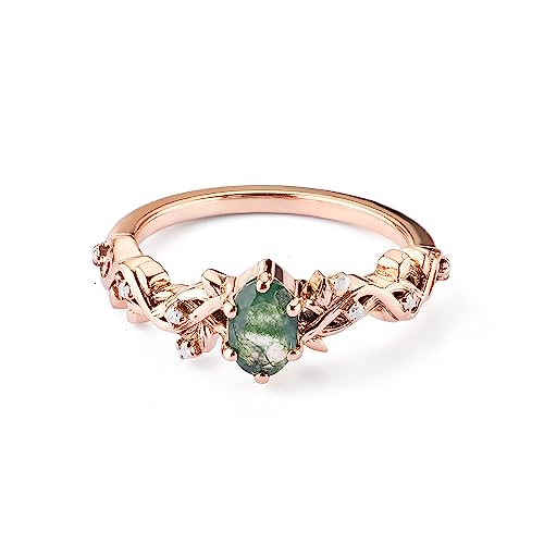 Oval Cut 0.40CT Natural Moss Agate Ring Rose Gold Plated 925 Sterling Silver Green Gemstone Leaf Vine Nature Inspired Engagement Rings for Women Size 4-10