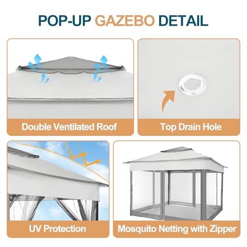 Image of HOTEEL 11x11 Pop Up Gazebo with Mosquito Nettings Waterproof Outdoor Gazebo with Double Roof Patio Gazebo Tent for Backyard, Garden, Lawn, Parties Gazebo with Vented Roof and Carry Bag (Dark Gray)