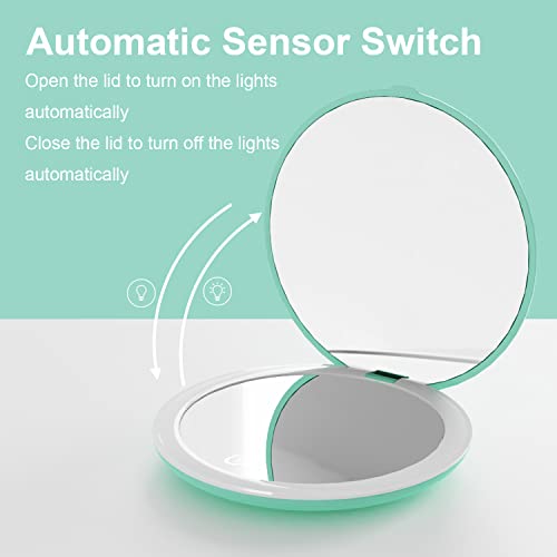 Luckme Lighted Compact Travel Mirror,Compact Mirror With Light,Upgraded 4 Inch 1X/5X Magnifying Travel Makeup Mirror, Brightness Adjustable 2-Side Pocket Mirror For Handbag, Cyan #TOP4