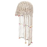 Wokuaile Women Crochet Slouchy Beanie Hat Handmade Skull Cap with Tassel Cutout Stretch Knit Hat Beige