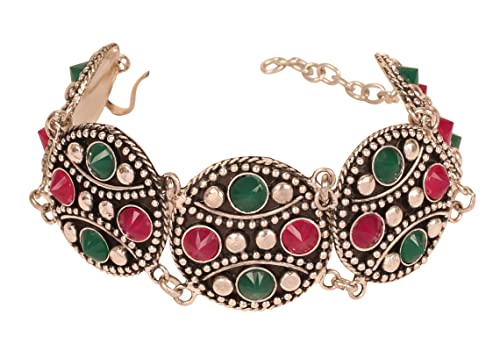 Image of Touchstone Indian bracelets for women mixed metal cuff crystal rhinestones bracelet handcrafted wrist enhancer free size designer in gold or oxidized white tone