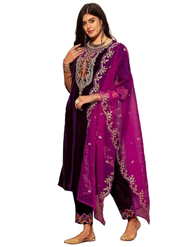 TRENDMALLS Women's Velvet Embroidery Sequence Work Salwar Suit Set Kurta Pant with Dupatta Kurta Set for Women (G336-Purple-S)