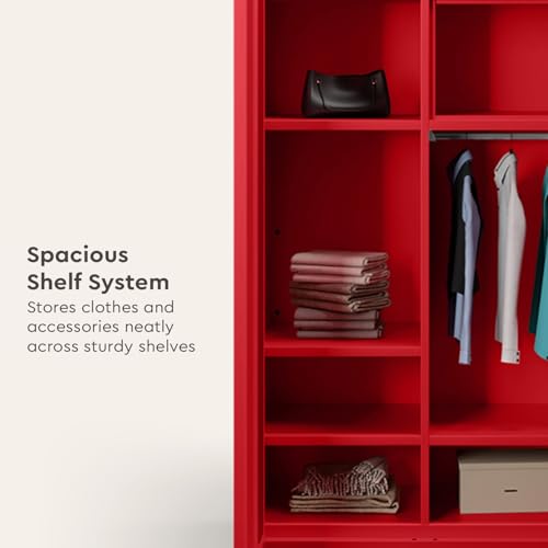 Image of Interio by Godrej Flynn NX 2-Door Steel Almirah with Mirror (Textured Carmine Red), 1-Year Warranty, 1 Locker, 5 Shelves