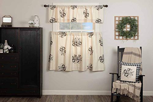 Lydia Black Floral Tier Curtains, Set Of 2, 36" Long, Vintage Farmhouse Boho Style Flower Print Window Treatments, Cream & Black Café Curtains #TOP2