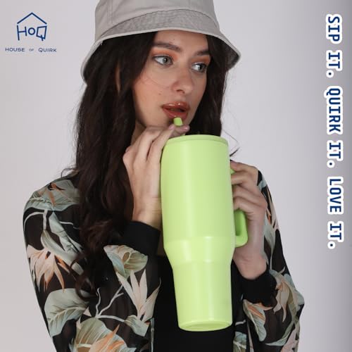 Image of House of Quirk 1200ML Tumbler with Handle & Simple Flip Straw - Car Cup Holder Friendly, Leak Resistant Stainless Steel Water Bottle with Rubber Base (Neon Green)