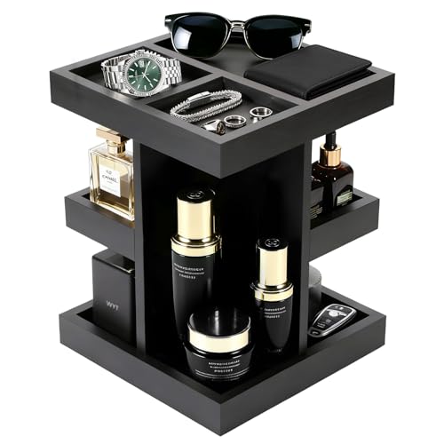 meearoa Black Cologne Organizer for Men, Cologne Rack Stand with 360° Rotate, 3 Tier Wooden Perfume Shelf, Desk Organizer, For Dad Husband Boyfriend Birthday Valentine's Day Gifts