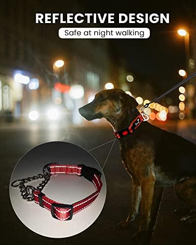 PETTOM Half Choke Dog Collar Medium, Nylon Dog Choker Chain Collar, Chew Proof Metal Chain Half Check Collar for Medium Large Dogs (M: 16.9-20.5inch, Red)