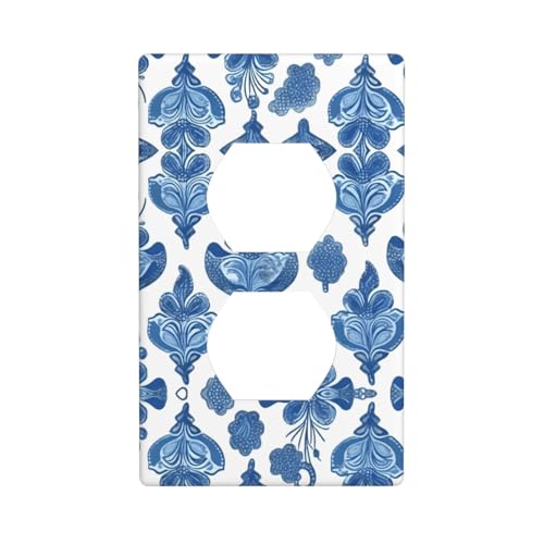 Phayah Placa de pared dúplex con patrón floral de cachemira azul, tamaño estándar, policarbonato termoplástico, cubiertas de enchufe dobles